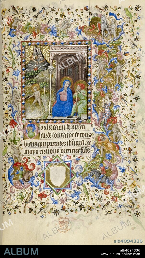 MASTER OF THE BRUSSELS INITIALS. The infant Jesus playing naked in a garden watched by Mary and Joseph; inhabited initial and decorated borders with foliage, birds and figures. Book of Hours. France (Paris), circa 1407. Source: Add. 29433, f.168. Language: Mostly Latin, partly French.