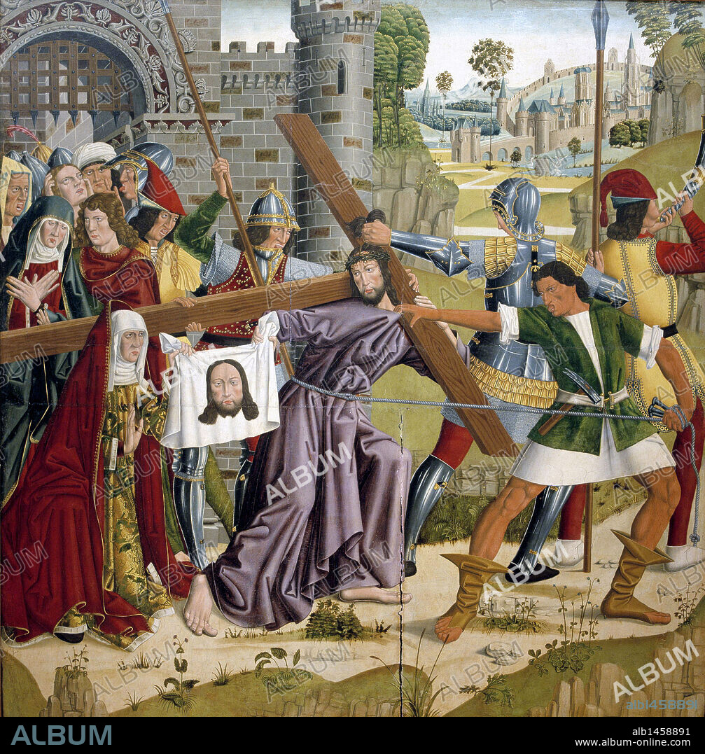 ARTE GOTICO HISPANO-FLAMENCO. ESPAÑA. S. XV. SEDANO, Alonso de (documentado 1486-1533). Pintor gótico castellano. RETABLO MAYOR DE LAS RELIQUIAS Representación de una de las escenas del retablo: "JESUCRISTO CON LA CRUZ A CUESTAS CAMINO DEL CALVARIO". Pintura sobre tabla. Último cuarto del s. XV. Museo Diocesano de la Catedral de Burgos. Castilla-León.
