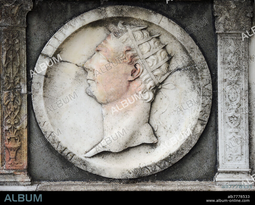 TITO Flavio Cesare Vespasiano Augusto (30 December 39 - 13 September 81), Roman emperor belonging to the Flavian dynasty; after a series of military successes in Gaul, the office of quaestor in Rome and new successes in the campaign of Judea alongside his father Vespasian, he reigned for little more than two years from 79 to his death. "Divus Titus Vesp. Aug.", bas-relief decoration from the band depicting famous characters of antiquity and mythological themes, inspired by the medals of the Roman era, carved on the base of the facade of the Basilica of the Certosa di Pavia, a typical example of 15th century Lombard Renaissance architecture.