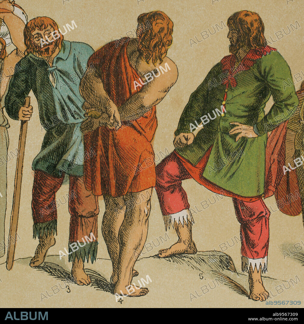 Pueblos germánicos. Godos. De izquierda a derecha: 3- traje de godo del este, 4- traje de godo (chitón, vestimenta de pobre), 5- traje de godo del este con calzas con guarnición. Cromolitografía. Historia Universal, por César Cantú. Tomo III, 1882.