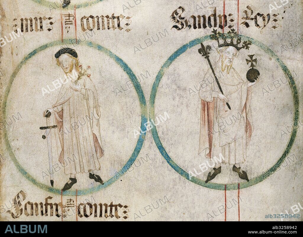 MIRO I (945-966). Conde de Barcelona. Hijo menor de Sunyer I y de Riquilda. Gobernó con régimen de condominio con su hermano Borrell II, por renuncia de su padre. SANCHO RAMIRO I (1043-1094). Rey de Aragón (1063-1094) y de Navarra como SANCHO V, conde de Ribagorza y Sobrarbe. Pergamino de "Genealogia de los reyes de Aragón y Condes de Barcelona". Siglos. XIV-XV. Archivo de la Abadia de Poblet. Cataluña.