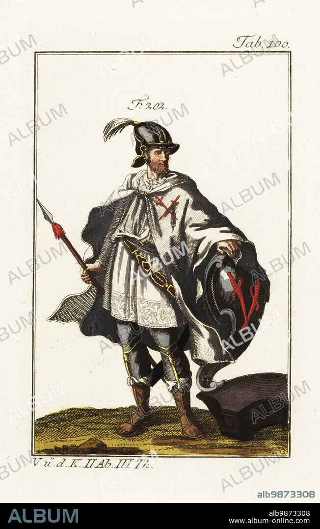 Knight of the Livonian Brothers of the Sword, founded in 1202 by Albert I, Bishop of Riga. In ceremonial robes of helmet with plume, cape, tunic, armed with shield with crossed sword blazon and lance. Copied from an illustration by Christoph Weigel in Philipp Bonannis Ritter-Ordern, 1728 Handcolored copperplate engraving from Robert von Spalart's Historical Picture of the Costumes of the Principal People of Antiquity and Middle Ages, Vienna, 1802.