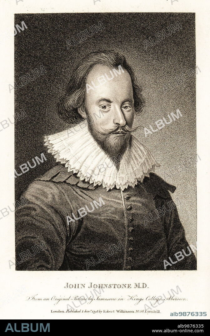 Arthur Johnston, Scottish physician and poet, 1587-1641. Physician to King Charles I of England, translator of Solomon's Song, Psalms, into Latin. (Labeled John Johnstone MD in error.) From an original picture by George Jamesone in Kings College, Aberdeen. Copperplate engraving from John Smiths Iconographia Scotica, or portraits of illustrious persons of Scotland, Robert Wilkinson, 58 Cornhill, London, 1798.