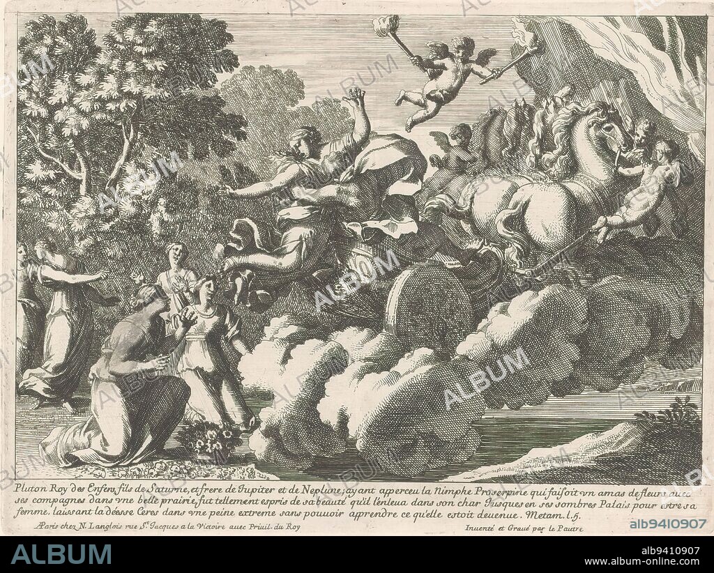 Roof of Proserpina, Metamorphoses of Ovid (series title), Pluto pulling Proserpina on his chariot, which is pulled by horses. Her friends and possibly her mother Ceres are left in despair. Above a putto with two torches. In the lower margin a three-line explanation of the scene in French., print maker: Jean Lepautre, (mentioned on object), after own design by: Jean Lepautre, (mentioned on object), publisher: Nicolas Langlois (I), (mentioned on object), Paris, c. 1650 - 1703, paper, etching, height 170 mm × width 227 mm.