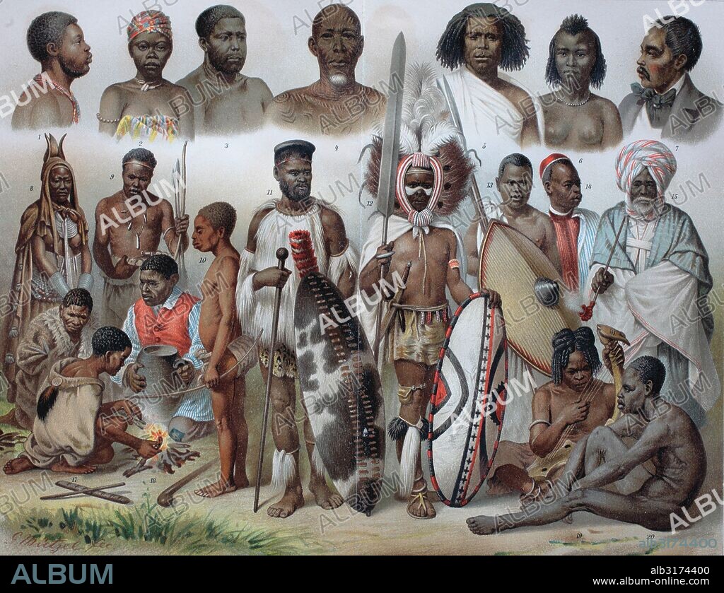 Ethnic groups of africa: 1 ashanti, 2 loango woman, 3 cameroon, 4 baluba, 5 somali, 6 abyssinian woman, 7 howa, 8 herero women, 9 ovambo, 10 akka, 11 zulu, 12 masai, 13 wagranda from uganda, 14 darfurian, 15 haussanian, 16 bushmen, 17 bushmen woman, 18 nama or namaqua, 19 niam, 20 dinka, historical illustration, wood engraving, circa 1888.