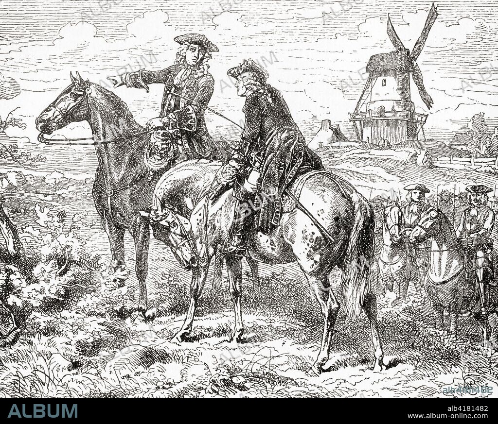The Duke of Marlborough at The Battle of Malplaquet,11 September 1709.  General John Churchill, 1st Duke of Marlborough, 1st Prince of Mindelheim, 1st Count of Nellenburg, Prince of the Holy Roman Empire, 1650 - 1722.  English soldier and statesman.  From Ward and Lock's Illustrated History of the World, published c.1882.