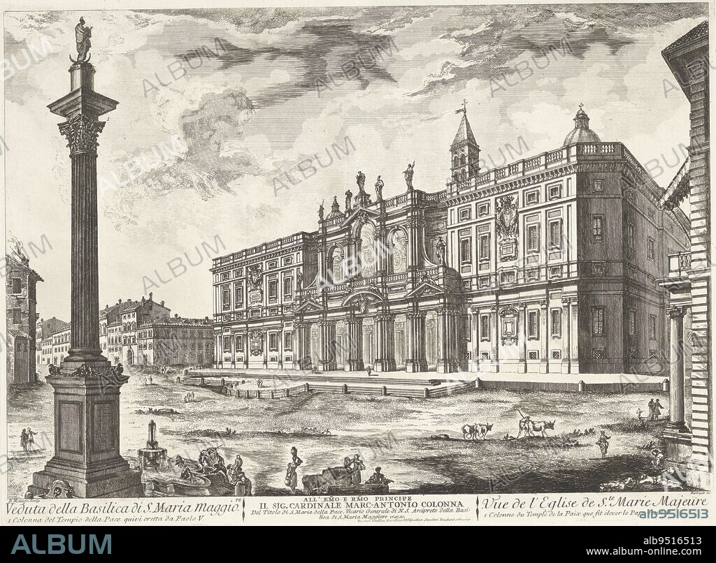 View of Piazza di Santa Maria Maggiore with the Santa Maria Maggiore and the Colonna della Pace in Rome. Titles and text in French and Italian and an assignment in the lower margin, Santa Maria Maggiore in Rome Veduta della Basilica di S. Maria Maggiore / Vue de l'Eglise de Ste. Marie Majeure., print maker: Domenico Montaigù, (mentioned on object), intermediary draughtsman: Jean Barbault, (mentioned on object), J. Bouchard & J.J. Gravier, (mentioned on object), Italy, c. 1750 - c. 1799, paper, etching, h 388 mm × w 530 mm.
