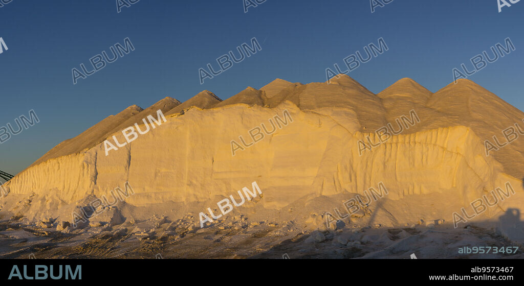 salt mountains at sunset, salt flats of Levante, Salobrar de Campos, Campos del Puerto,Mallorca, balearic islands, spain, europe.