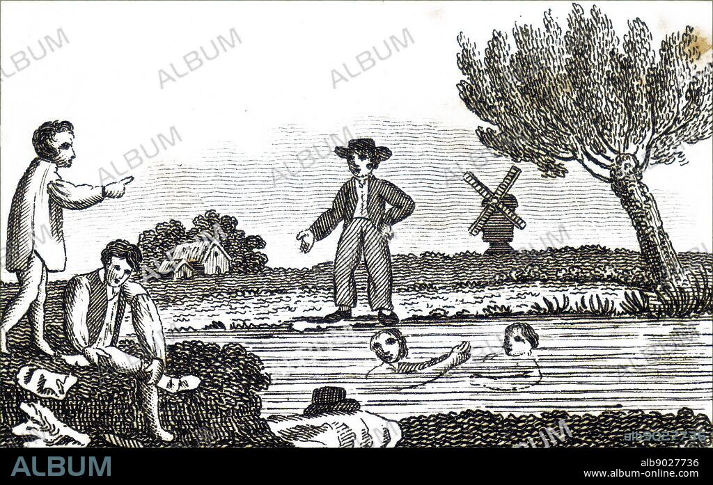 Illustration depicting two boys swimming in a river nude. Dated 19th century.