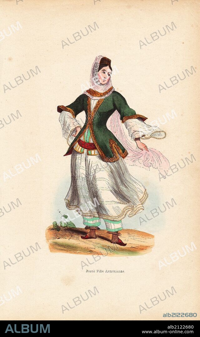Armenian girl in headscarf, veil, jacket and long skirts over trousers. Handcoloured woodcut by DC after an illustration by Clermans from Auguste Wahlen's "Moeurs, Usages et Costumes de tous les Peuples du Monde," Librairie Historique-Artistique, Brussels, 1845. Wahlen was the pseudonym of Jean-Francois-Nicolas Loumyer (1801-1875), a writer and archivist with the Heraldic Department of Belgium.