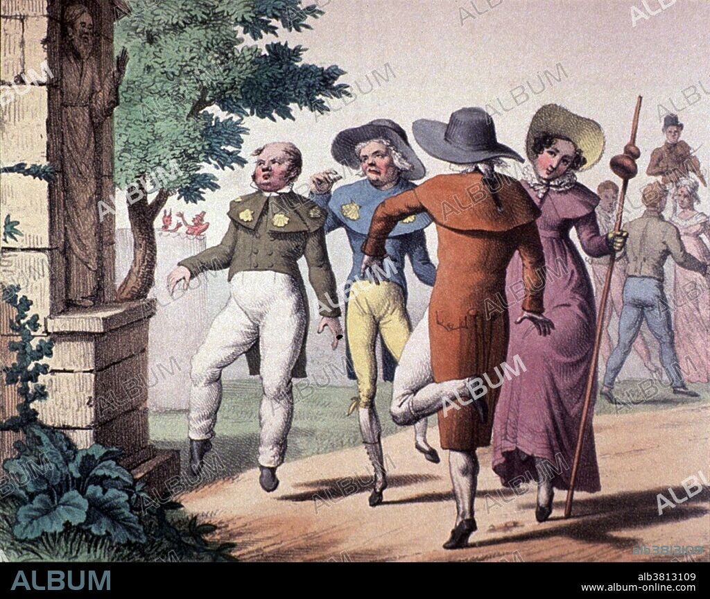 The dance of Saint Guy or St. Vitus' Dance, a neurological disorder. In the 16th century, some Germans believed they would obtain good health for a year by dancing before statue of St. Vitus on feast day. This dancing became popular and the name "Saint Vitus Dance" was given to the neurological disorder Sydenham's chorea, a disease characterized by rapid, uncoordinated jerking movements affecting primarily the face, feet and hands. This condition is exhibited by the afflicted people in this image. Lithograph from C. Aubry's "Album comique de pathologie pittoresque" (Comical album of picturesque pathologies).