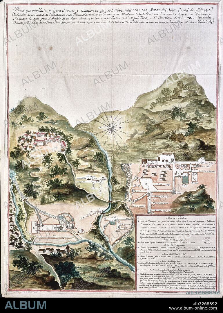 Plano de las minas de Oaxaca, Nueva España, sur de Méjico.Siglo XVIII.Oaxaca fue conquistado por Hernán Cortés en 1521.