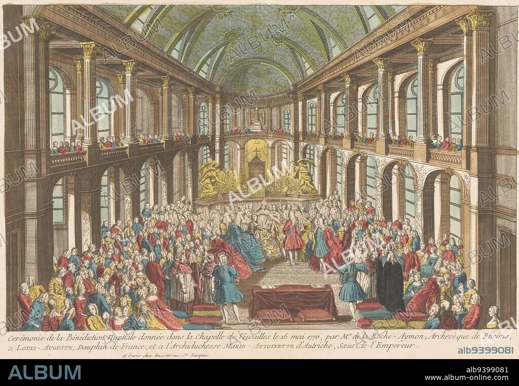 View of the marriage between Louis XVI, King of France, and Marie Antoinette, Queen of France, in the chapel of the Palace of Versailles on May 16, 1770, Basset, 1700 - 1799, publisher: Basset, (mentioned on object), print maker: anonymous, publisher: Paris, print maker: France, 1700 - 1799, paper, etching, brush, h 291 mm × w 419 mm.