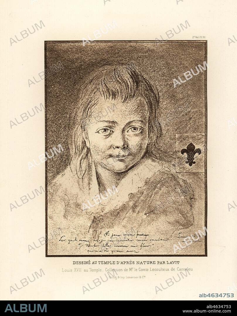 Sketch portrait of Louis Charles, Louis XVII, imprisoned at the Temple. Dessine au temple dapres nature par Lavit. Lithograph after a sketch from nature by Lavit from Fashions and Customs of Marie Antoinette and her Times, by Le Comte de Reiset, Paris, 1885. The journal of Madame Eloffe, dressmaker and linen-merchant to the Queen and ladies of the court.