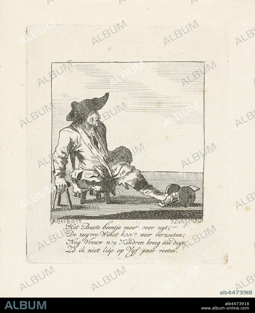 Crippled man resting his leg on a plank Amsterdam street figures around 1770 (series title), A crippled man sits on a low stool and rest his only leg on a small board with wheels. In the margin a four-line verse in Dutch. Part of a series of prints of Amsterdam street figures around 1770., crippled, Pieter Langendijk (II) (mentioned on object), c. 1770, paper, engraving, h 136 mm × w 115 mm.