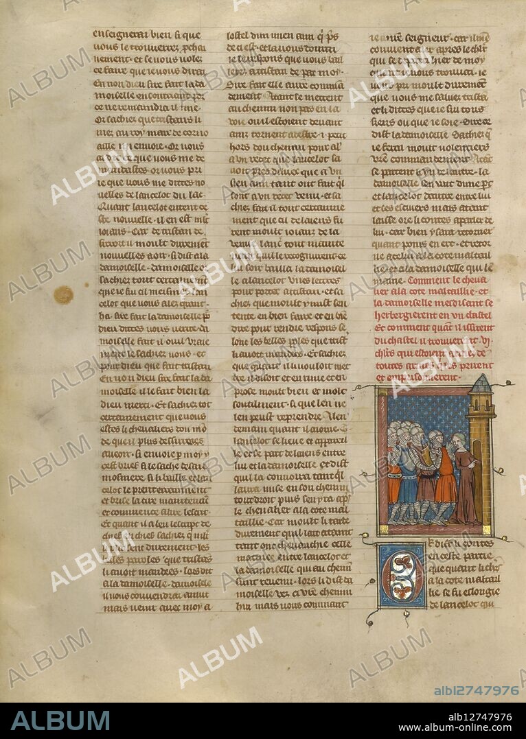 Knight à la cote mal taillée and Mesdisant Imprisoned at Castle Uter; Roman du Bon Chevalier Tristan, Fils au Bon Roy Meliadus de Leonois, about 1320-1340. Page from a book based on the medieval chivalric romance of Tristan and Iseult, also known as Tristan and Isolde.