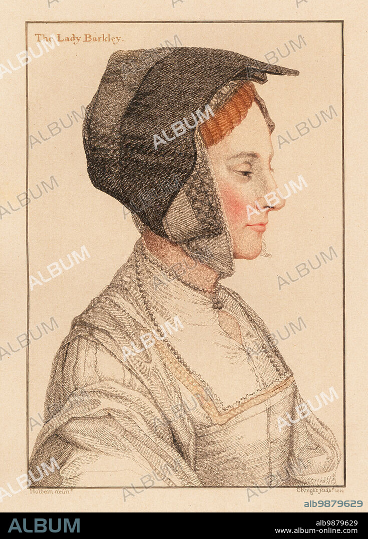 Anne Savage, (c. 1496 1564), second wife of Thomas Lord Berkeley. Lady in Waiting to Queen Anne Boleyn. The Lady Barkley. Handcoloured copperplate stipple engraving by Charles Knight after a portrait by Hans Holbein the Younger from Imitations of Original Drawings by Hans Holbein, John Chamberlaine, London, 1812.