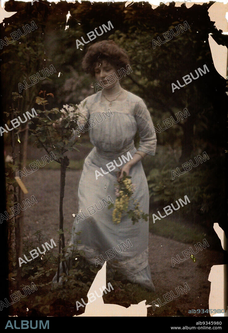 Woman in Garden, Woman in garden standing by a flower bush., Johannes Hendrikus Antonius Maria Lutz, 1907 - 1916, glass, height 90 mm × width 120 mm.