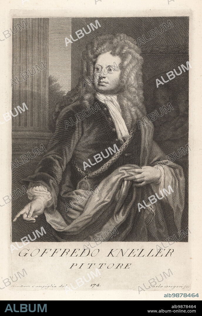 Sir Godfrey Kneller, 1st Baronet, born Gottfried Kniller in Lubeck, Germany, 1646-1723. The leading portrait painter in England during the late 17th and early 18th centuries. He wears a gold chain with a portrait medallion of King William III. Goffredo Kneller, Pittore. Copperplate engraving by Carlo Gregori after Giovanni Domenico Campiglia after a self portrait by the artist from Francesco Moucke's Museo Florentino (Museum Florentinum), Serie di Ritratti de Pittori (Series of Portraits of Painters) stamperia Mouckiana, Florence, 1752-62.