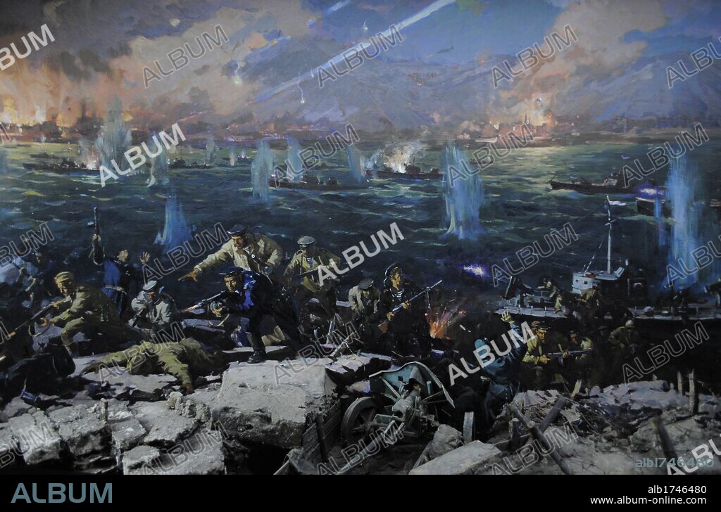SEGUNDA GUERRA MUNDIAL. Batalla del Cáucaso. Operación Novorosíisk-Taman, capitaneada por el Jefe del Estado Mayor Ivan Petrov en 1943. Operación de desembarque del Ejército Rojo en la Península de Taman y en la liberación y victoria de la ciudad costera rusa del Mar Negro, Novorosíisk. Cuadro. Museo de la Flota del Mar Negro. Sebastopol. Ucrania.