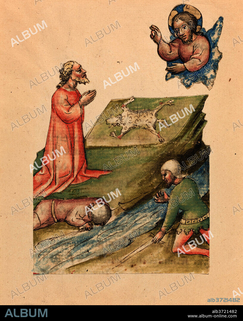AUSTRIAN 15TH CENTURY. God the Father, Three Figures and Sacrificed Lamb. Dated: c. 1420/1430. Dimensions: image: 12.7 x 8.4 cm (5 x 3 5/16 in.). Medium: pen and ink with watercolor; fragment from Bible MS (German text on image verso); image cut in silhouette and mounted on backing sheet.