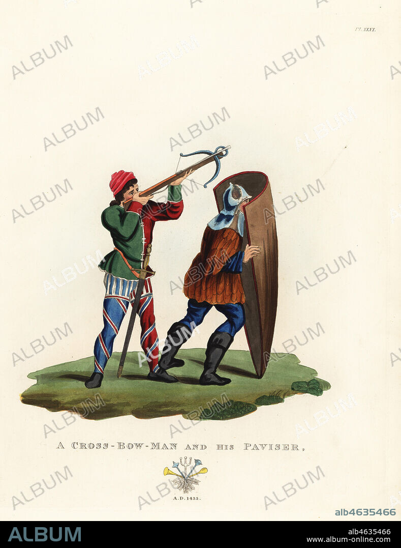 A crossbowman and his paviser, 1433. Arbalest in jacket and multicoloured clothes from the Chronique d'Engleterre, and his guard with a pavise in monstrous jacque over chainmail sleeves and gorget from a copy of the Roman de la Rose. Handcoloured lithograph after an illustration by S.R. Meyrick from Sir Samuel Rush Meyrick's A Critical Inquiry into Antient Armour, John Dowding, London, 1842.