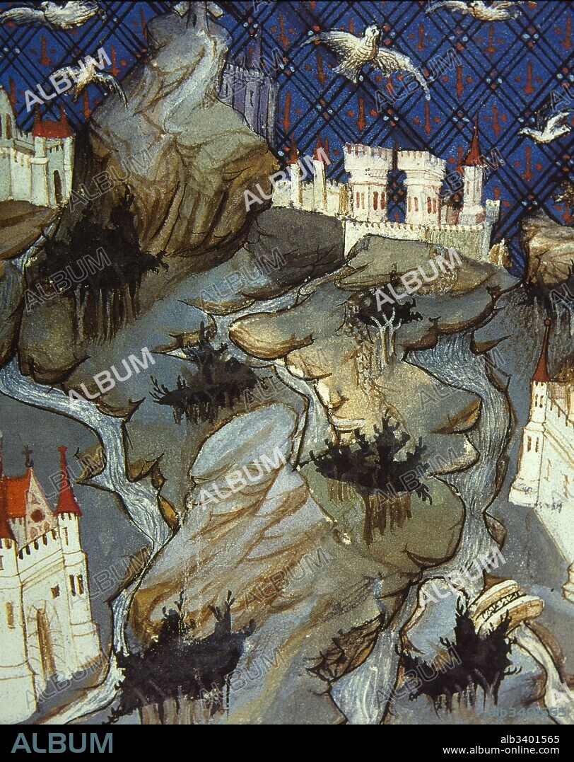 Edad Media. Estilo Gótico internacional, Francia. Libro de las propiedades de las cosas "Livre des propiétés des choses" del fraile inglés del siglo XIII de Barthelemy l'Anglais. Miniatura del siglo XV. Las ciudades, símbolo de civilización; las montañas y la naturaleza, el agua de los ríos, el primer elemento de la creación. Museo Condé. Castillo de Chantilly. Francia.