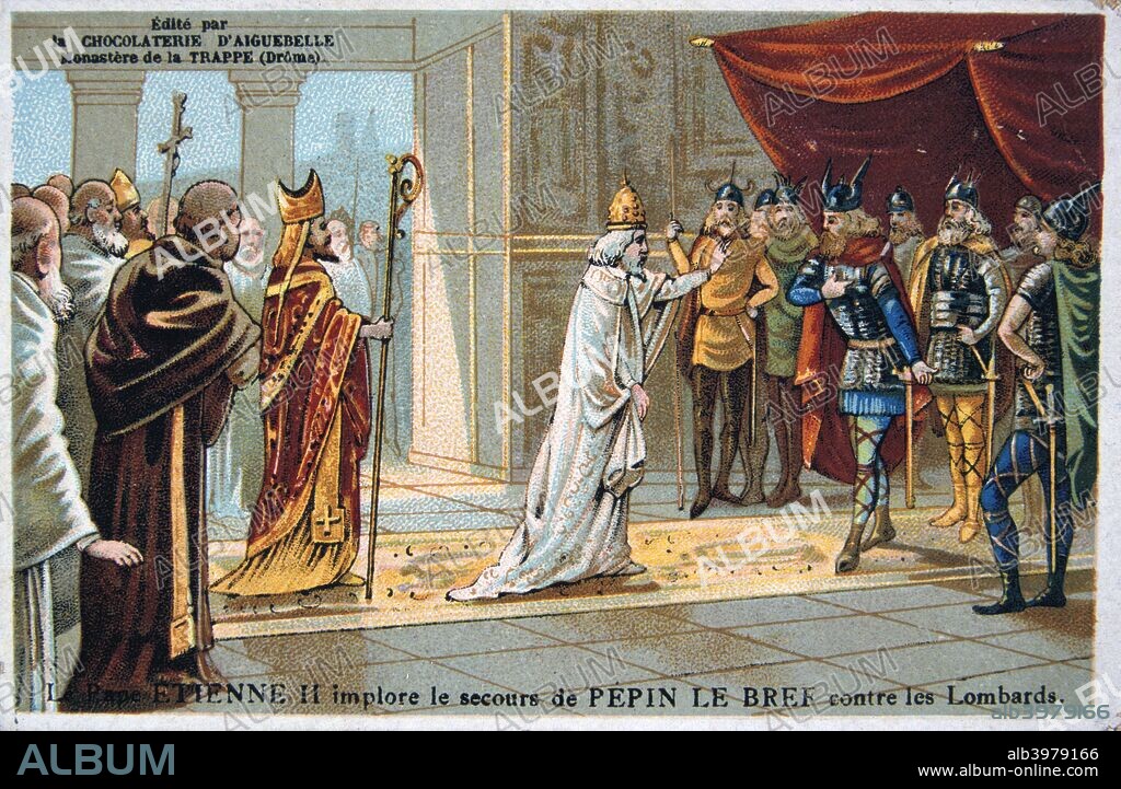 Pope Stephen II pleads for the safety of Pepin the Short from the Lombards, c750 AD, (19th century). Card from a series produced by the chocolate factory at the Monastery of Aiguebelle.