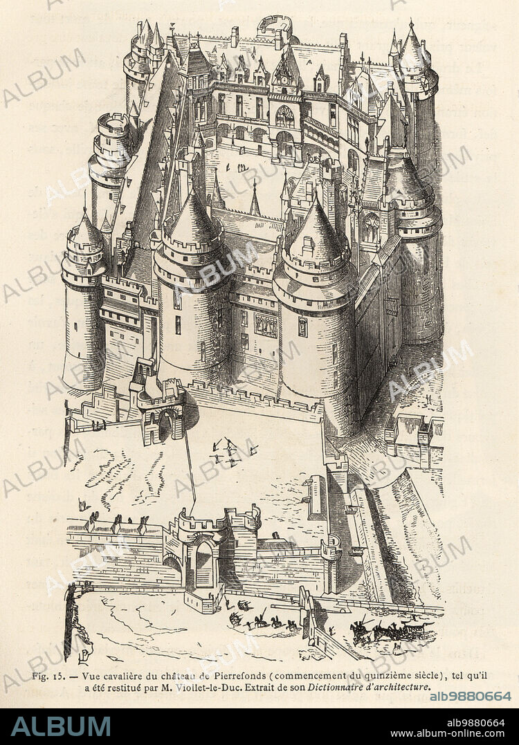 View of Pierrefonds Castle, early 15th century. Restored in the 19th century by Eugene Viollet-le-Duc. Vue cavaliere du chateau de Pierrefonds (commencement du 15me siecle). Woodcut by Etienne Huyot and Jules Huyot from Paul Lacroixs La Vie Militaire et Religieuse au Moyen Age et a lEpoque de la Renaissance, Military and Religious Life in the Middle Ages and the Renaissance, Paris, 1873.