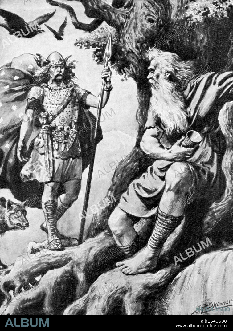 Odin or Wotan. One of principal gods of Norse mythology. God of War. Here he seeks wisdom to make him all-powerful. For this he sacrifices one eye. With him are the ravens Huggin (Thought) and Muninn (Memory). Halftone c1900.