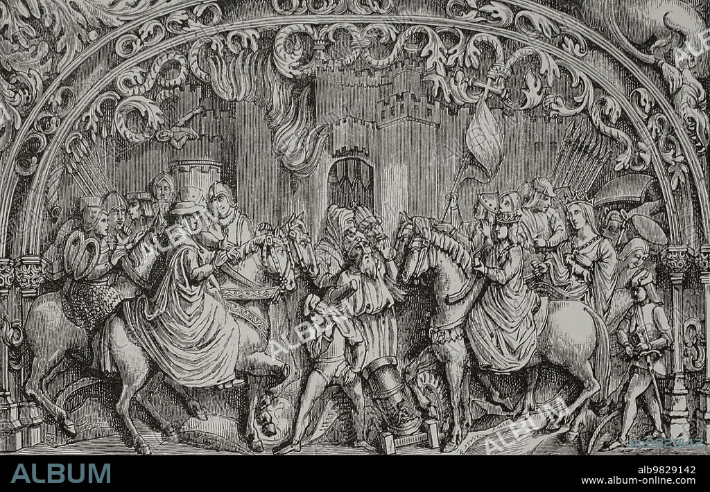 Historia de España. Reconquista. Guerra de Granada (1482-1492). Rendición de la villa de Montefrío, cerca de Granada, 1486. Los alcaldes y líderes musulmanes entregando las llaves de la ciudad a los Reyes Católicos. Grabado por Huyot a partir de los bajorrelieves de la sillería del coro de la catedral de Toledo, s. XVI. "Vie Militaire et Religieuse au Moyen Age et à l'Epoque de la Renaissance". París, 1877.