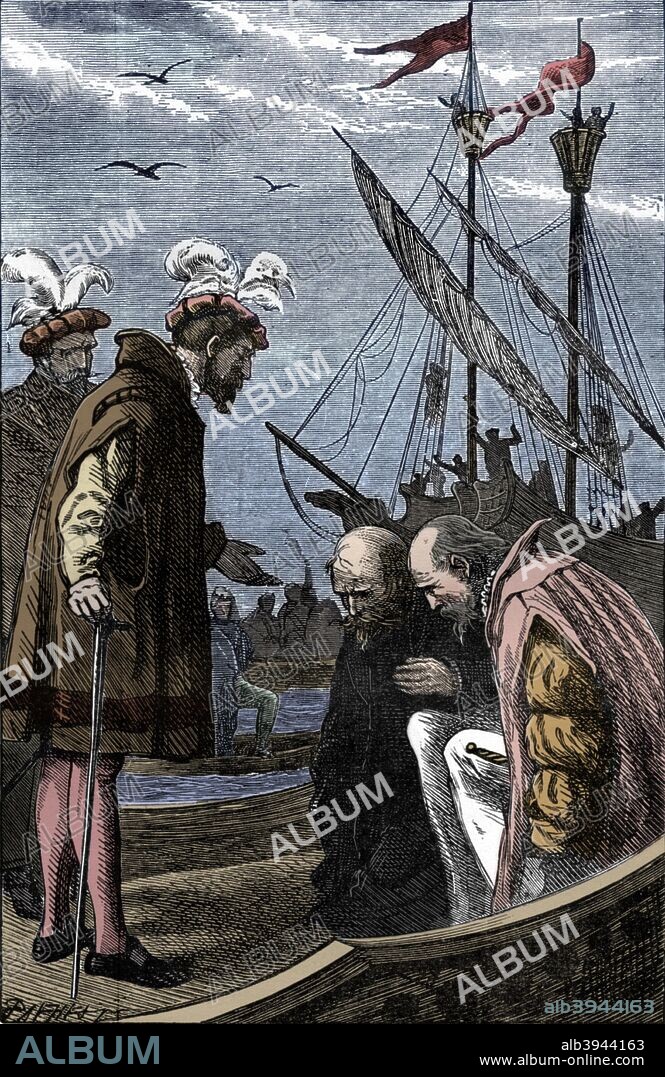 King Manuel I of Portugal (1469-1521) visiting Vasco da Gama and his expedition. Vasco da Gama was the first European to reach India by sea. This discovery was significant as it paved the way for the Portuguese to establish a colonial empire in Asia. From Notabel Voyagers: from Columbus to Nansen by William H. G. Kingston and Henry Frith, published 1904 by George Routledge and Sons, Ltd. (Colorised black and white print).