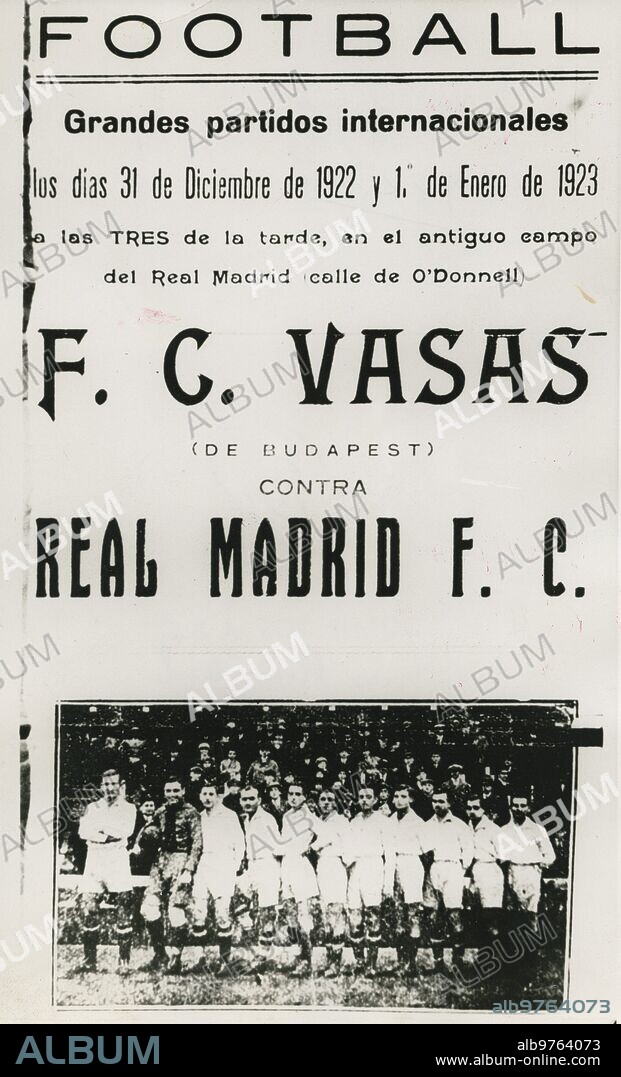 Cartel Anunciando los Partidos del F.C. Vasas contra el real Madrid los Días 31 de Diciembrede 1922 y 1 de enero de 1923 en el campo del Madrid.