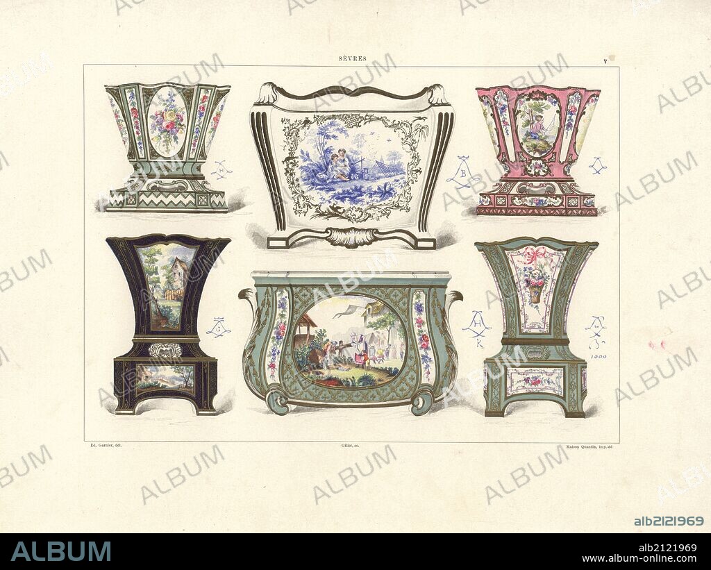 Flower pots or jardinieres: owned by Edouard Andre 1760, decorated by Vieillard 1754, owned by Baron Alphonse de Rothschild 1752, decorated by Vieillard 1759, painted by Charles-Nicolas Dodin 1760, painted by Bulidon 1764. Chromolithograph by Gillot of an illustration by Edouard Garnier from The Soft Paste Porcelain of Sevres, Maison Quantin, Paris, 1891.