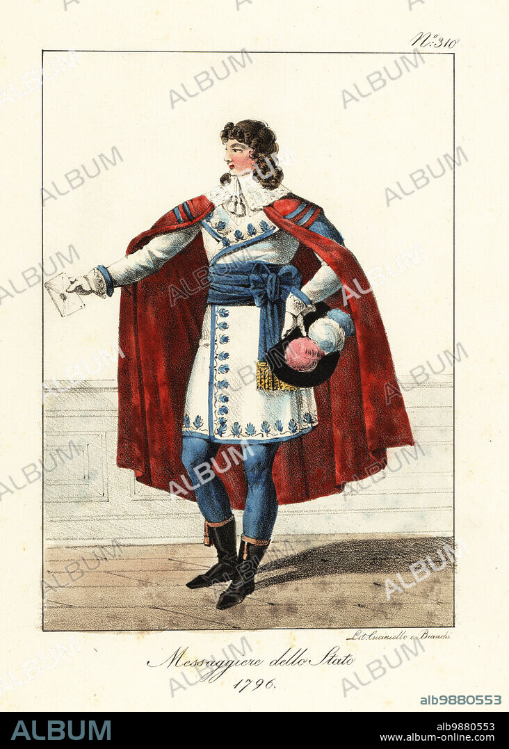 Uniform of a State Messenger under the Directoire, France. In red cape, white double-breasted coat, lace collar, blue sash and hose, calf-length boots, with tricolor plumed hat. Messager d'Etat, 1796. Handcoloured lithograph by Lorenzo Bianchi and Domenico Cuciniello after Hippolyte Lecomte from Costumi civili e militari della monarchia francese dal 1200 al 1820, Naples, 1825. Italian edition of Lecomtes Civilian and military costumes of the French monarchy from 1200 to 1820.