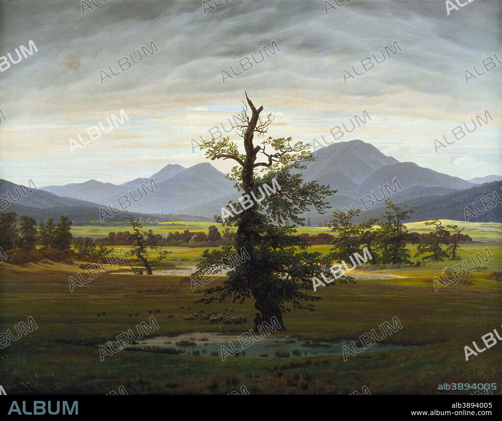 CASPAR DAVID FRIEDRICH. Der einsame Baum Village Landscape in Morning Light (The Lone Tree). Date/Period: 1822. Painting. Oil on canvas. Height: 55 cm (21.6 in); Width: 71 cm (27.9 in).