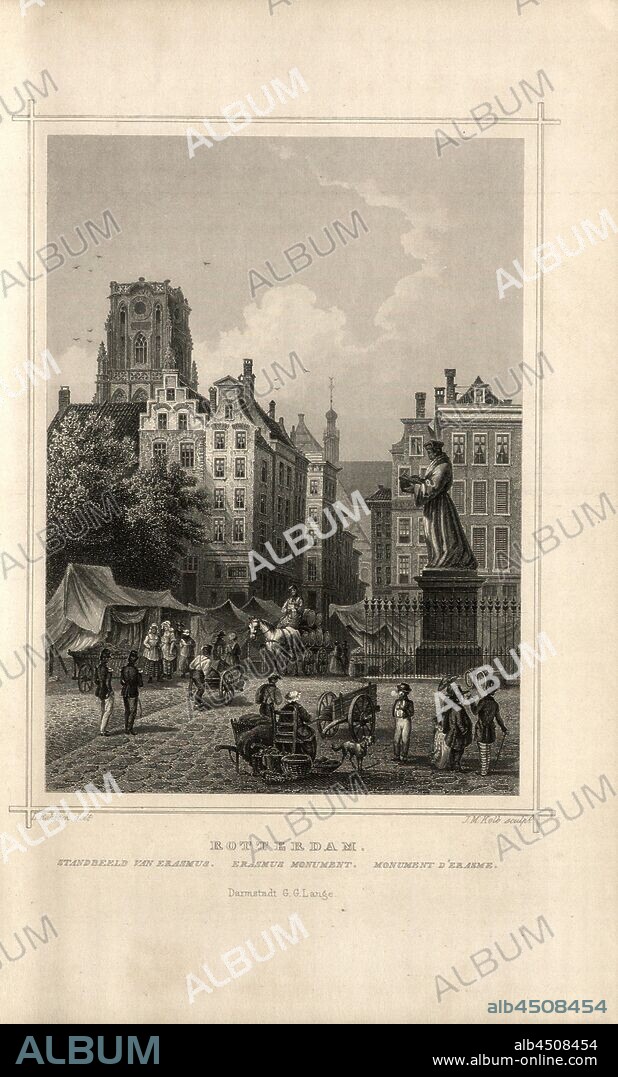 Rotterdam. Statue of Erasmus, View Erasmus Monument in Rotterdam, signed: L. Rohbock (del.); J.M. Kolb (sculp.), P. 146, p. 189, Rohbock, Ludwig (del.); Kolb, Joseph Maximilian (sculp.), 1863, Der Rhein und die Rheinlande in malerischen Original-Ansichten: Abtheilung 3, Section 2 / Holland. Darmstadt: Druck und Verlag von Gustav Lange, 1863.