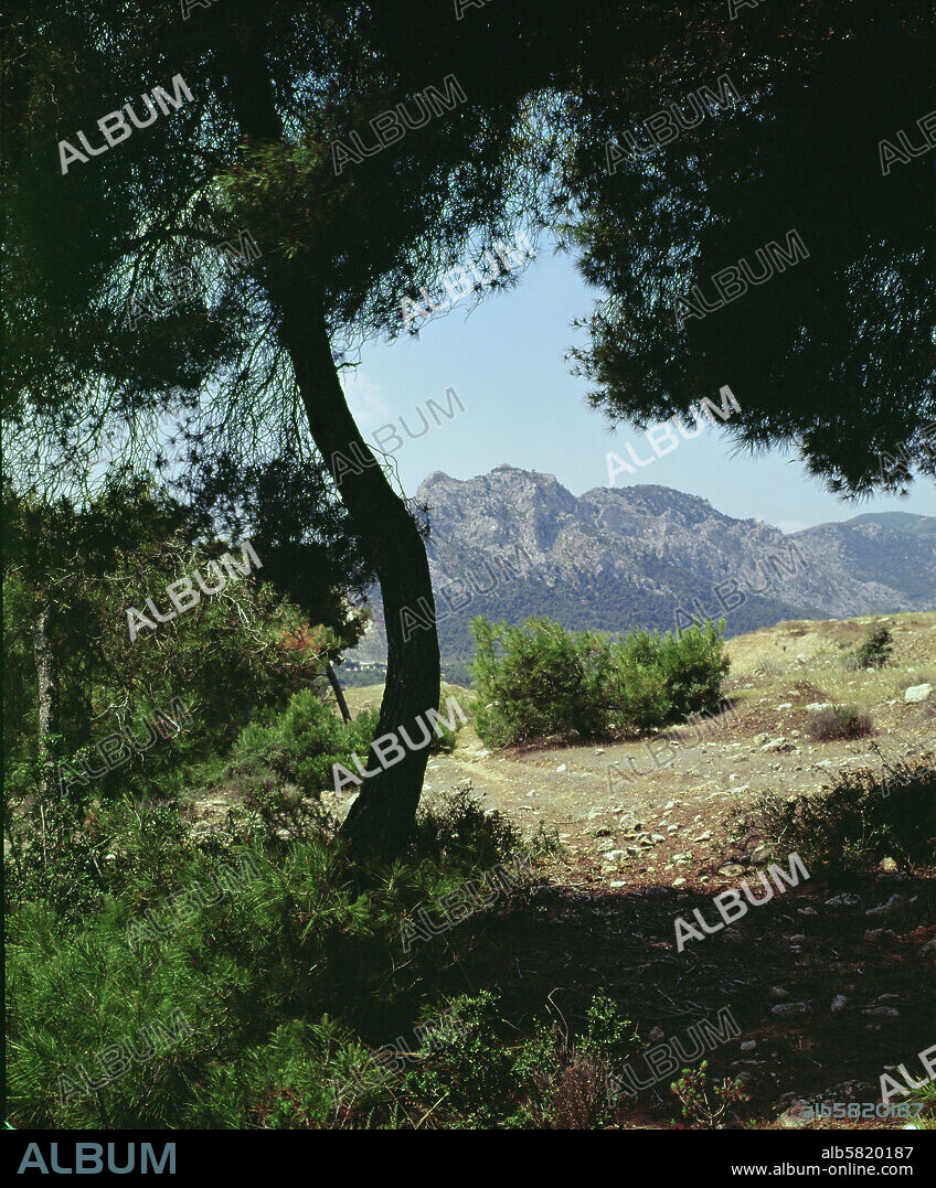 Landscape near the Isthmus of Corinth, Peloponnesus. Here Procrustes robbed travellers and was killed by Theseus.