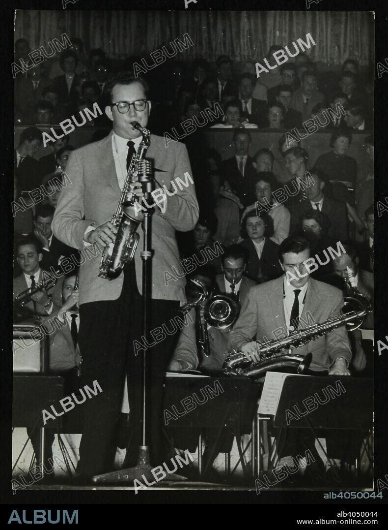 The Stan Kenton Orchestra in concert, 1956. Saxophonists Lennie Niehaus and Tommy Whittle.