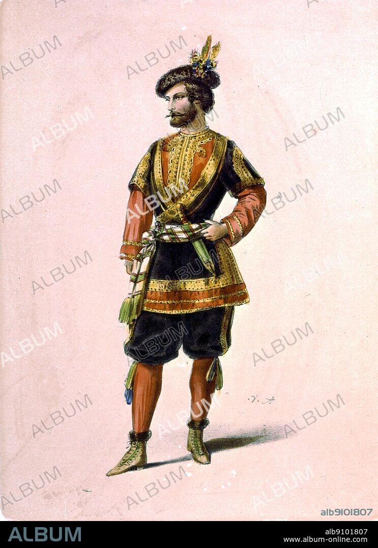 Caucasian Prince, Costumes des theatres (Costumes of the theatres) 1860. From La Vie Parisienne by Joanna Richardson (1860) page 91. La Vie Parisienne (Parisian Life), by Jacques Offenbach (1819-1880), is a five-act opera about cosmopolitan life in Paris in the 1860s. Jacques Offenbach was a German-born, French composer and cellist, and one of the originators of the operetta form, a precursor of the modern musical comedy.