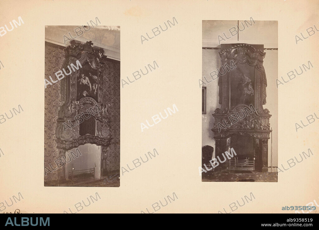 Overview of two fireplaces in Groningen, On the left a fireplace with painting and mirror in Herenstraat 111, on the right a fireplace with painting in the Groningen Town Hall., Johannes Gerardus Kramer (mentioned on object), Groningen, c. 1875 - c. 1900, cardboard, albumen print, height 319 mm × width 476 mm.