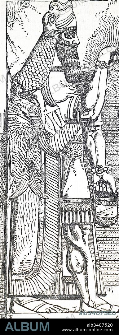 Engraving of a bas-relief depicting the Assyrian fish-tailed god Oannes. Dated 19th Century.