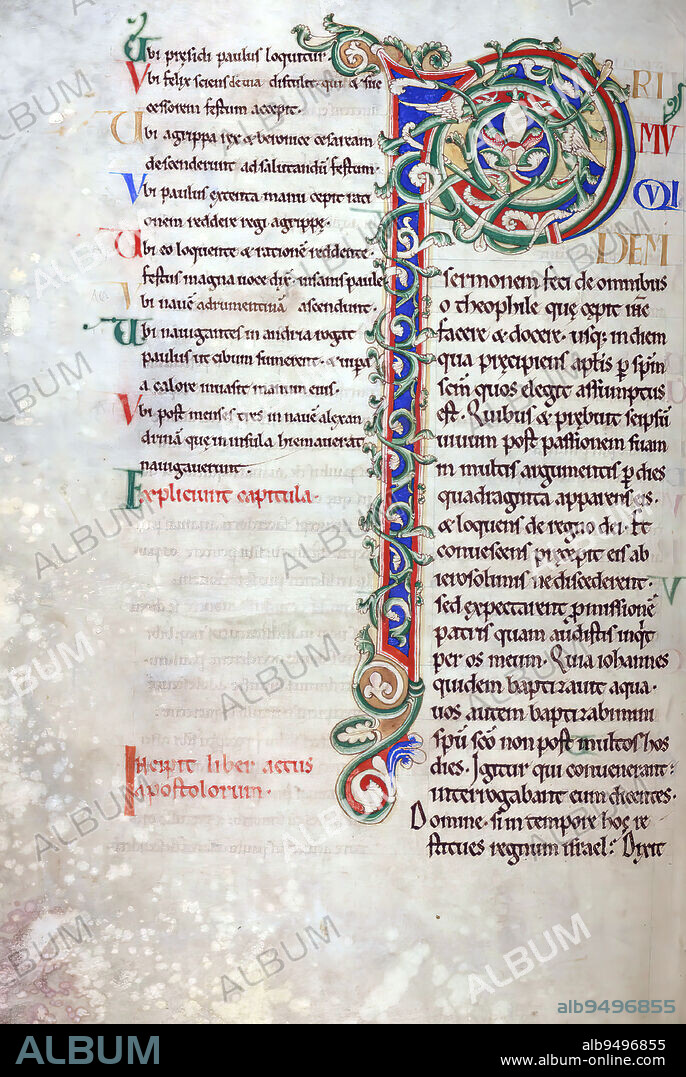 Illuminated Manuscript, The Rochester Bible, This large-format copy of the New Testament was created at, and for, Rochester Cathedral in Rochester, England in the first half of the twelfth century. The manuscript is an important survival, for it is one part of what is believed to be the the earliest decorated Bible produced at the priory scriptorium at Rochester. The book's large size indicates it was designed to be read aloud, either during services or at meals. Large, fanciful initials filled with foliage, dragons, and human faces begin each section of the text, and their vibrant color and intricate designs capture the essence of Romanesque manuscript illumination.