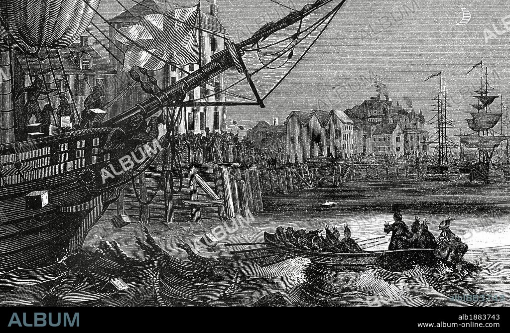 "GUERRA DE LA INDEPENDENCIA AMERICANA" (17751783). "REBELION DEL TE". El radical Samuel Adams preparó para el 16 de diciembre de 1773 el famoso incidente del té de Boston. Disfrazados de indios varios patriotas arrojaron al mar el cargamento de tres barcos de la Compañia. La acción provocó una violenta reacción del Gobierno Británico. Grabado del siglo XIX.