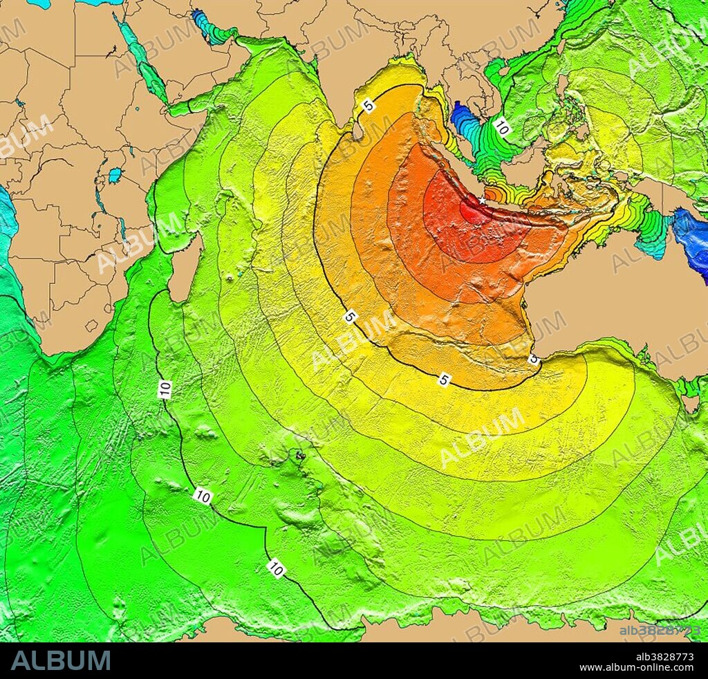 August 27, 1883 Krakatoa. The explosion of the Krakatoa Volcano in Indonesia on August 27, 1883, generated a 30 meter tsunami in the Sunda Strait which killed about 36,000 people. It also caused an atmospheric pressure wave that was recorded on the tide gauges at remote locations including South Georgia Island, Panama, France, England, Alaska, Hawaii, and San Francisco. Due to the shadowing by continents and island groups, a direct tsunami could not have reached most of these locations. Atmospheric gravity waves occurred which may have excited water waves by transferring energy into the ocean. It was recorded with an amplitude of six inches at Sausalito, California. Map generated using Tsunami Travel Time (TTT) software: calculates first-arrival travel times on a grid for a tsunami generated at an earthquake epicenter. Map contours: 1 hour intervals: red 1-4 hour arrival times, yellow: 5-6 hour arrival times, green: 7-14 hour arrival times, blue: 15-21 hour arrival times. Maps were generated from earthquake epicenters in the NGDC Global Historical Tsunami Database using NGDC 2 Minute Gridded Global Relief Data bathymetry. Maps do not provide the height or the strength of the wave, only the arrival times.