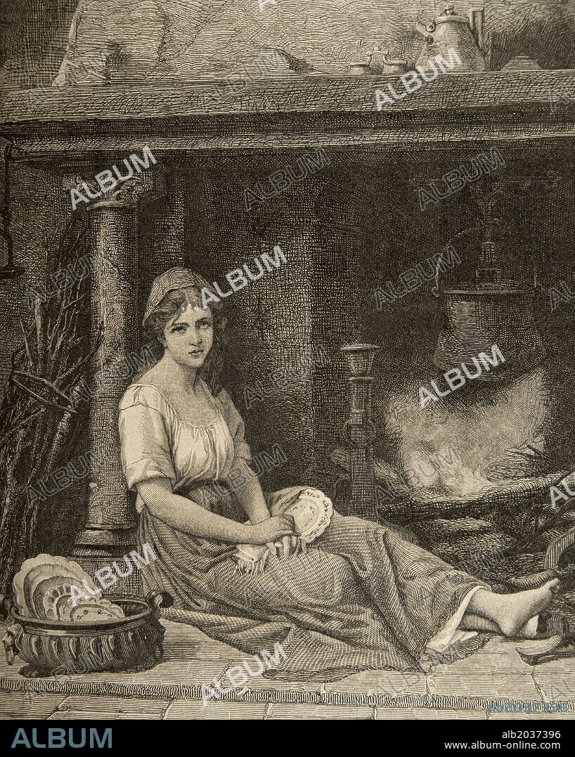 PAUL JONNARD. LA CENICIENTA, personaje de cuento de hadas del cual existen varias versiones. La más conocida en la escrita por Charles Perrault. Grabado por Jonnard. "La Velada", año 1894.