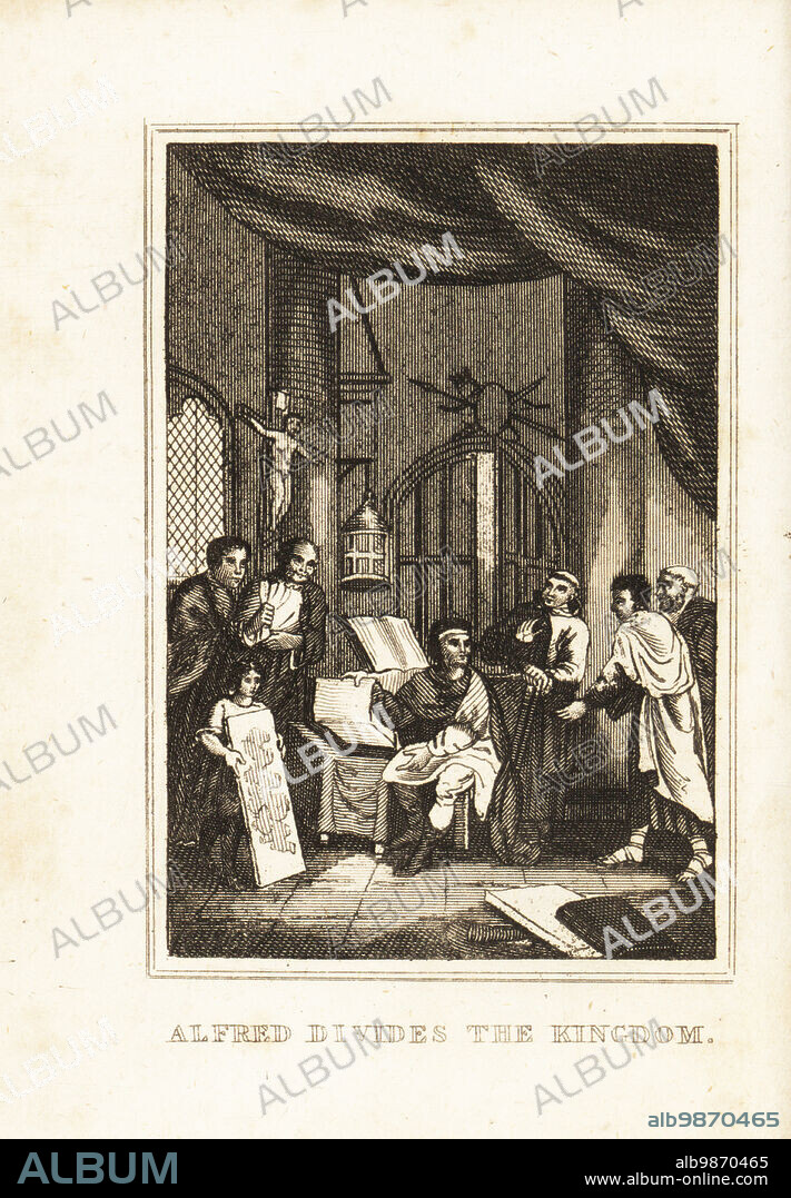 King Alfred tne Great, with books and maps, dividing England into Viking-held Danelaw and Anglo-Saxon held Wessex and Northumbria, 886. Alfred divides the kingdom. Copperplate engraving from M. A. Jones History of England from Julius Caesar to George IV, G. Virtue, 26 Ivy Lane, London, 1836.