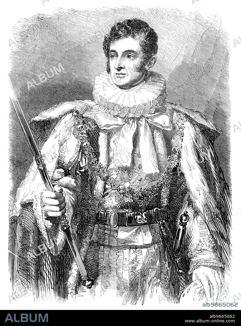 The late Duke of Rutland, K.G. - from the portrait by G. Sanders, 1857. Portrait of John Manners, 5th Duke of Rutland, '...copied from the whole-length...engraved by John Lucas and Samuel Cousins, in 1829, from the picture painted by George Sanders. The Duke is represented in the superb costume worn by his Grace at the coronation of George IV..."There was that in him which would have given dignity to the most humble, as it threw a halo round the very lofty position to which, in the order of Providence, he was born. He respected himself, but scorned no one; and all who knew him justly loved him. Intense in his affections and firm in his principles, he was in his domestic relations a model, in his friendships unfaltering, and in his patriotism, if not unequalled, at least unsurpassed, by any nobleman of his day".' From "Illustrated London News", 1857.