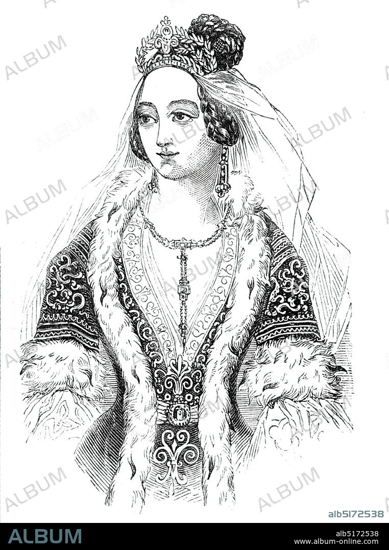 Amelia, Queen of Greece, 1844. Portrait of Amalia of Oldenburg, queen consort of King Otto of Greece. 'Her Majesty is universally beloved by her subjects, possessing all those feminine virtues and accomplishments which are the brightest jewels of a crowned head. The...portrait (which we have just received from Athens) represents her Majesty attired in the beautiful Greek costume which she wears on state occasions'. From "Illustrated London News", 1844, Vol V.