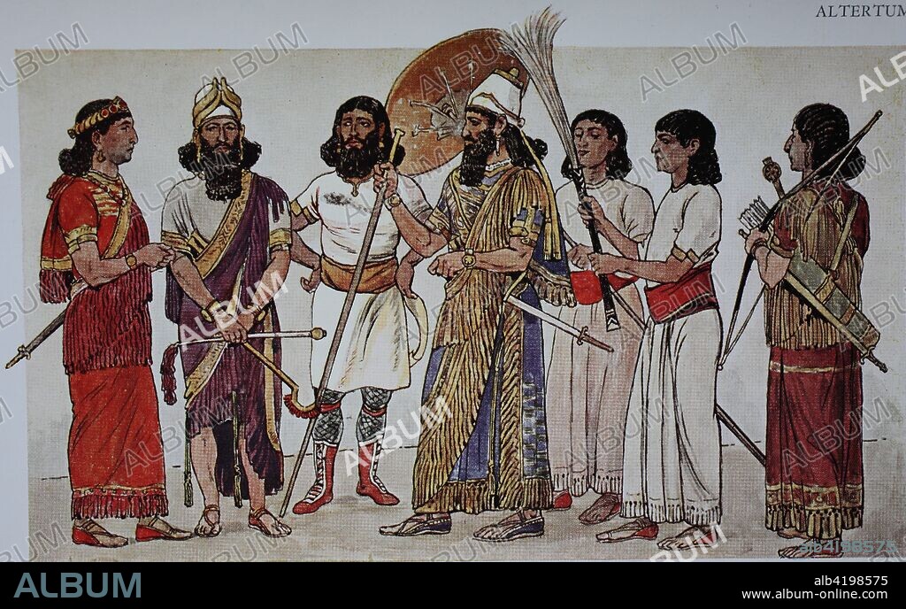 Dress fashion of the king and his entourage in Assyria, 12-7 century BC, from left, high dignitaries with long shirt robes, officiating Assyrian king as priests, plain official with boots, king with bonnet and gold ribbon, then a screen-bearer and a fan bearer, and a bow carrier of the king with skirt fringe, digital improved reproduction of an original print from the 19th century.